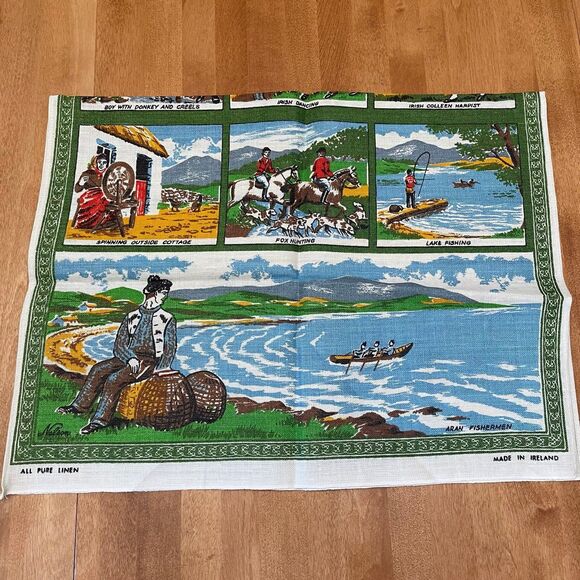 Vintage Pure Linen Irish Life Decorative Tea Towel Celtic Design Ireland Scenes - Picture 2 of 9